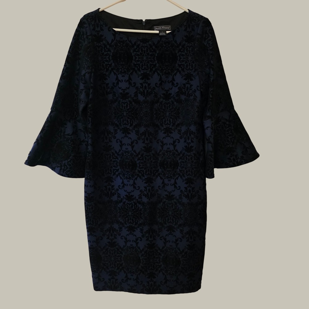Jessica Howard Womens Dress Size 12 Navy Blue Black Flocked Velvet Bell Sleeve